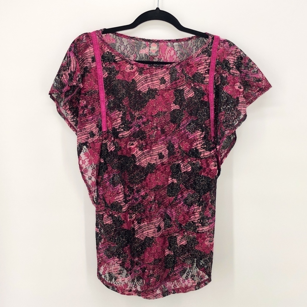 Free People Black Pink Lace Sheer Shirt Top M